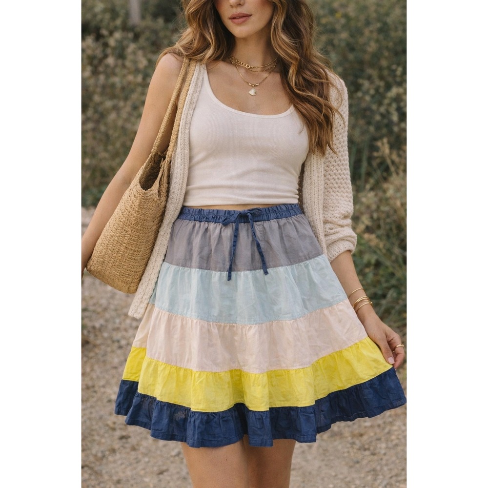 WB11 Vtg Y2K J.Crew Tiered Skirt Small Cotton Colorblock Boho Cottagecore Summer